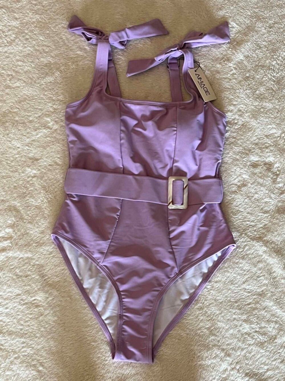 AI'MAGE one piece Swimsuit adjustable tie shoulder straps and belted waist sz S